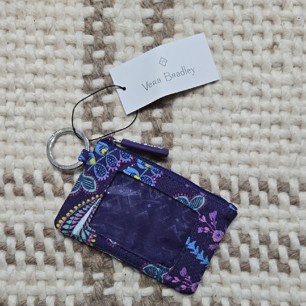 Vera Bradley Purple Floral Lighten Up Zip ID Case In Batik Leaves NWT